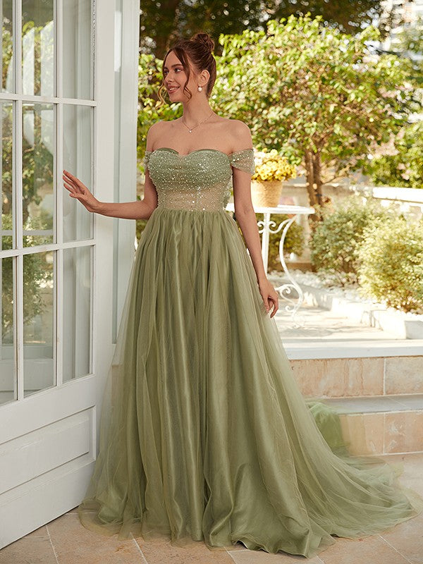 A-Line/Princess Tulle Ruched Off-the-Shoulder Sleeveless Court Train Dresses