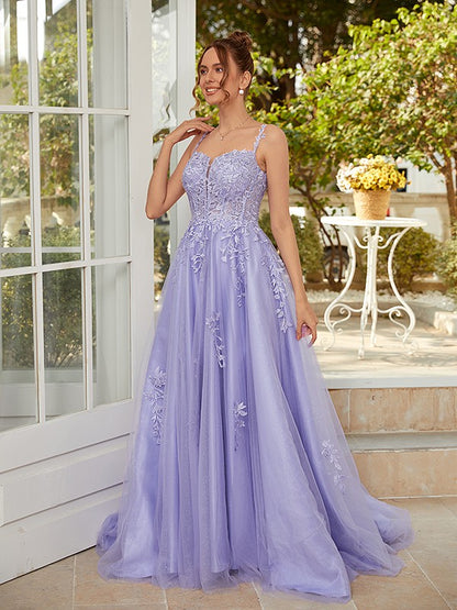 A-Line/Princess Tulle Applique Straps Sleeveless Court Train Dresses