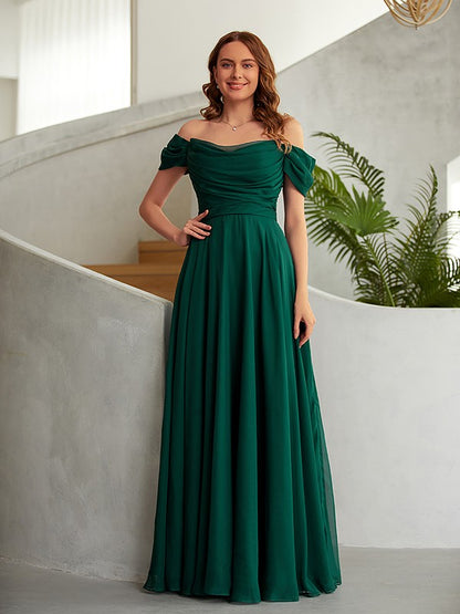 A-Line/Princess 30D Chiffon Ruched Off-the-Shoulder Sleeveless Floor-Length Dresses