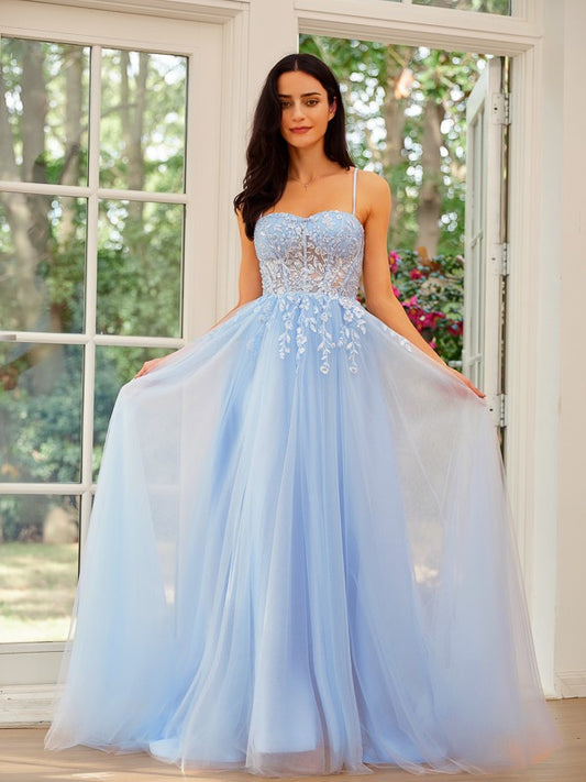 A-Line/Princess Tulle Lace Spaghetti Straps Sleeveless Sweep/Brush Train Dresses