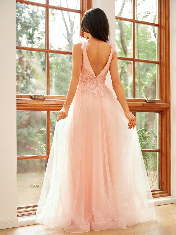 A-Line/Princess Tulle Applique V-neck Sleeveless Floor-Length Dresses