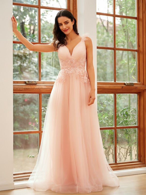 A-Line/Princess Tulle Applique V-neck Sleeveless Floor-Length Dresses