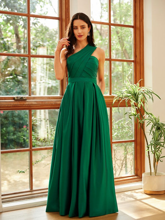 A-Line/Princess Satin Ruched One-Shoulder Sleeveless Floor-Length Dresses