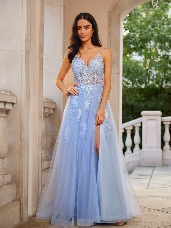 A-Line/Princess Tulle Applique V-neck Sleeveless Floor-Length Dresses