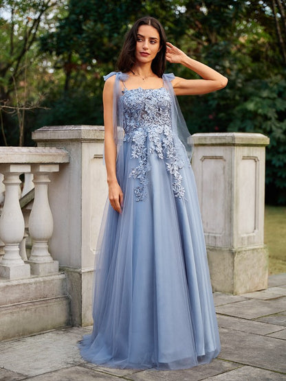 A-Line/Princess Tulle Applique Straps Sleeveless Floor-Length Dresses