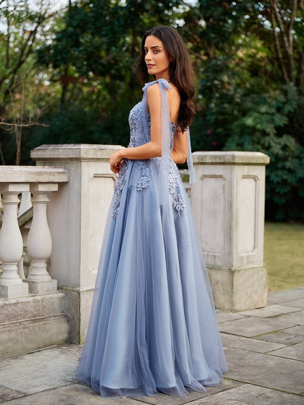 A-Line/Princess Tulle Applique Straps Sleeveless Floor-Length Dresses