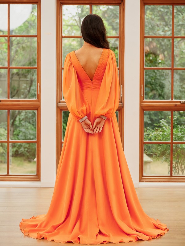 A-Line/Princess 30D Chiffon Ruffles V-neck Long Sleeves Sweep/Brush Train Dresses