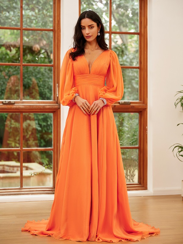 A-Line/Princess 30D Chiffon Ruffles V-neck Long Sleeves Sweep/Brush Train Dresses