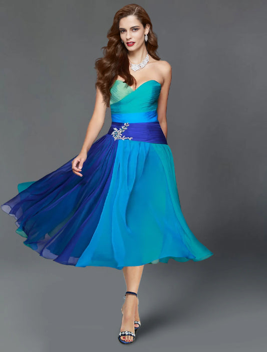 A-Line Wedding Guest Dresses Color Block Dress Summer Semi Formal Tea Length Short Sleeve Strapless Chiffon with Ruched