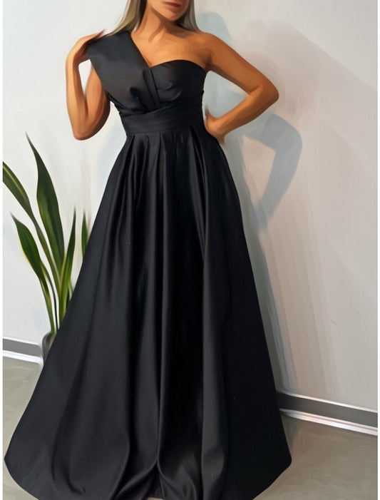 A-Line Evening Gown Elegant Dress Formal Floor Length Sleeveless One Shoulder Satin with Pleats Ruched