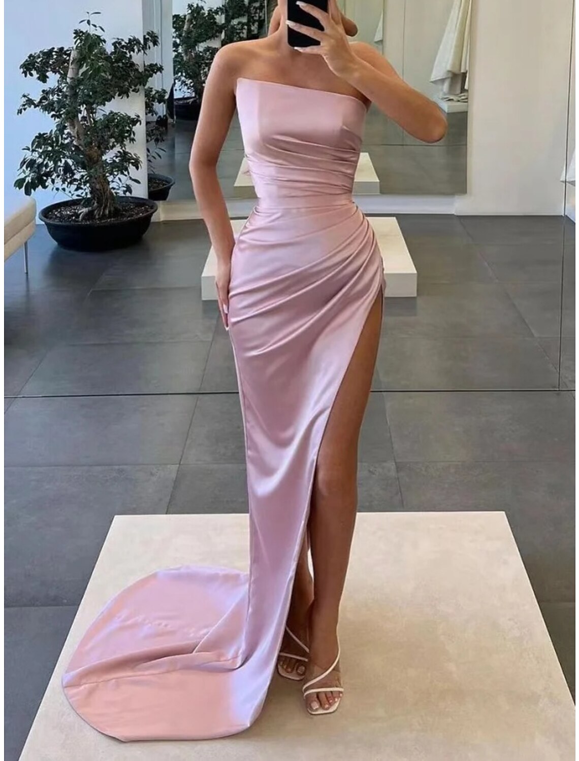 A-Line Evening Gown Elegant Dress Formal Court Train Sleeveless Strapless Satin with Ruched Slit