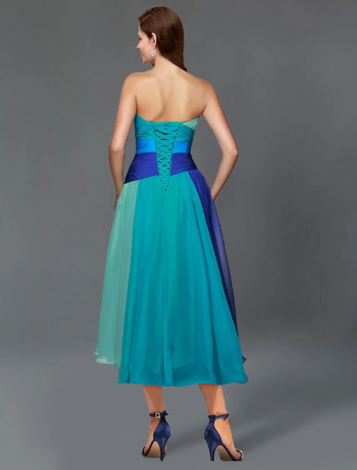 A-Line Wedding Guest Dresses Color Block Dress Summer Semi Formal Tea Length Short Sleeve Strapless Chiffon with Ruched