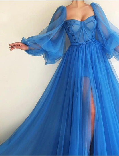 A-Line Evening Gown Elegant Dress Engagement Formal Evening Sweep / Brush Train Long Sleeve Scoop Neck Tulle with Pleats Slit