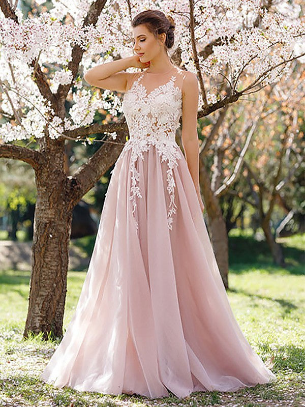 A-Line/Princess Jewel Sleeveless Floor-Length Applique Tulle Dresses