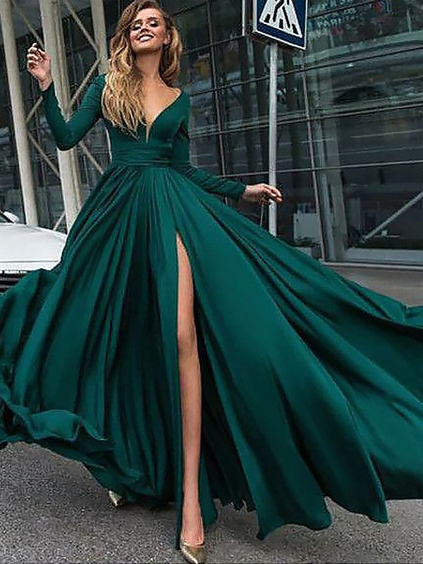 A-Line/Princess V-Neck Long Sleeves Sweep/Brush Train Ruffles Satin Chiffon Dresses