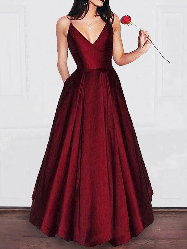 A-Line/Princess V-neck Floor-Length Ruffles Satin Dresses