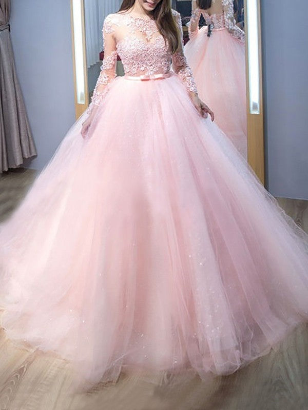 Ball Gown Jewel Long Sleeves Sweep/Brush Train Lace Tulle Dresses