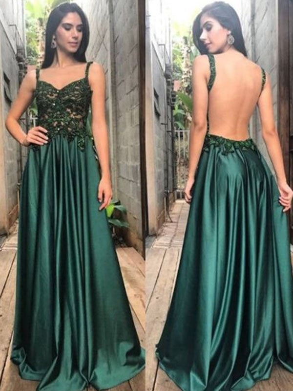 A-Line/Princess Straps Sleeveless Floor-Length Applique Ruched Satin Dresses