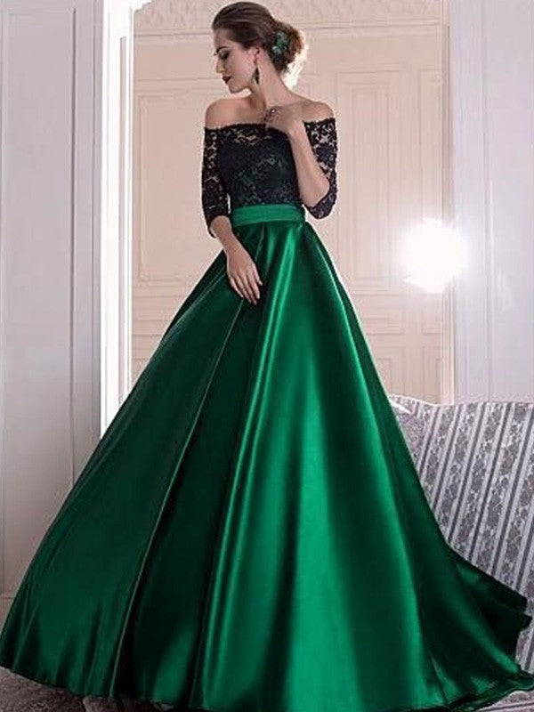 A-Line/Princess Off-the-Shoulder 3/4 Sleeves Lace Ruched Sweep/Brush Train Satin Dresses