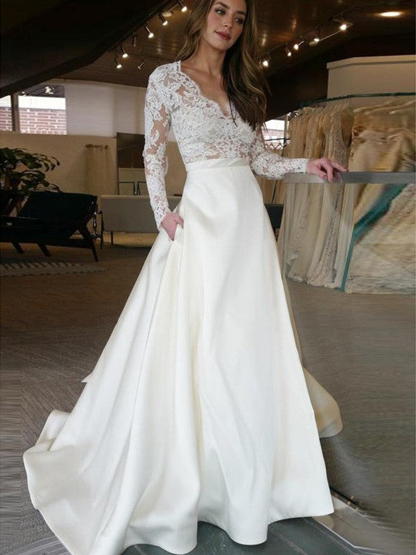 A-Line/Princess Long Sleeves Sweep/Brush Train V-neck Applique Satin Wedding Dresses