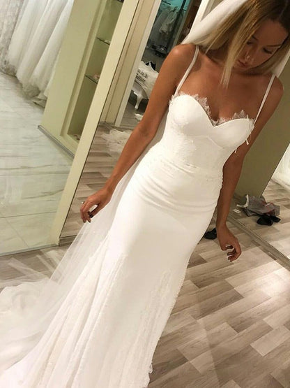 Sheath/Column Sweetheart Spaghetti Straps Sleeveless Sweep/Brush Train Lace Wedding Dresses