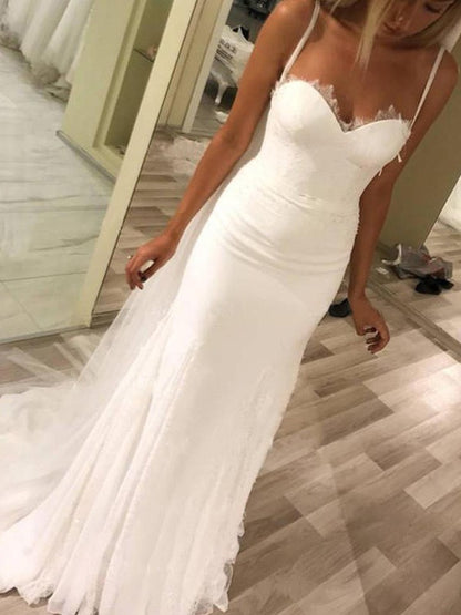 Sheath/Column Sweetheart Spaghetti Straps Sleeveless Sweep/Brush Train Lace Wedding Dresses