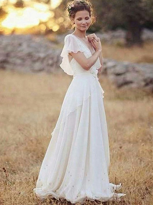 A-Line/Princess Chiffon V-neck Ruched Short Sleeves Floor-Length Wedding Dresses