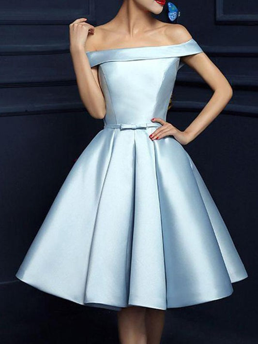 A-Line/Princess Satin Off-the-Shoulder Bowknot Sleeveless Knee-Length Dresses