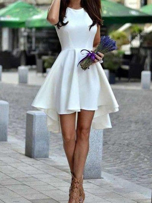 A-Line Jewel Cut Short With Ruffles Satin White Homecoming Dresses