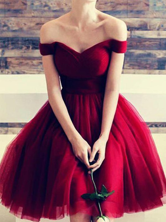 A-Line Off-the-Shoulder Cut Short With Ruffles Tulle Red Homecoming Dresses