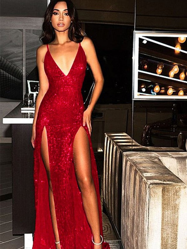 Sheath/Column Sleeveless V-neck Sweep/Brush Train Sequins Dresses