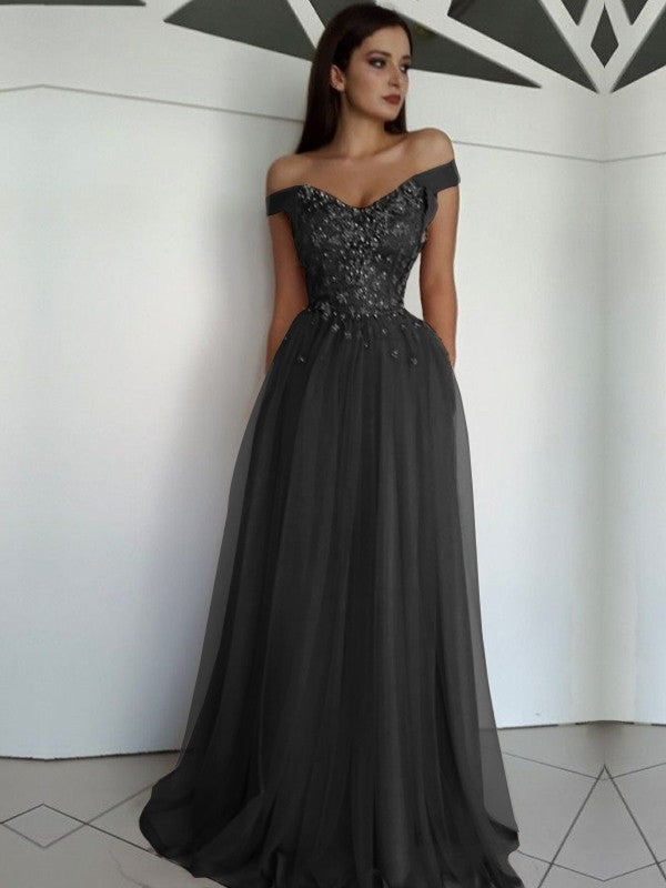 A-Line/Princess Sleeveless Off-the-Shoulder Floor-Length Applique Tulle Dresses