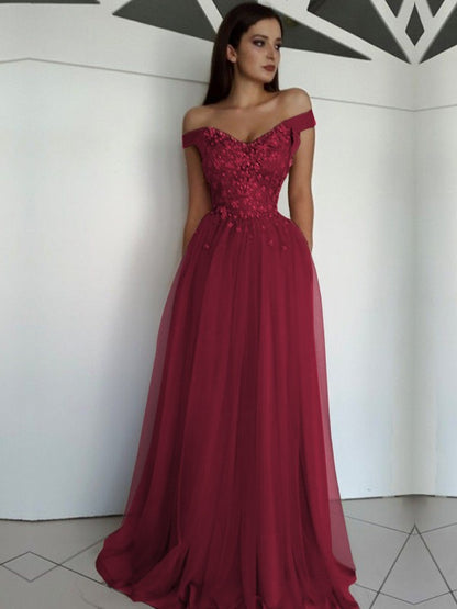 A-Line/Princess Sleeveless Off-the-Shoulder Floor-Length Applique Tulle Dresses