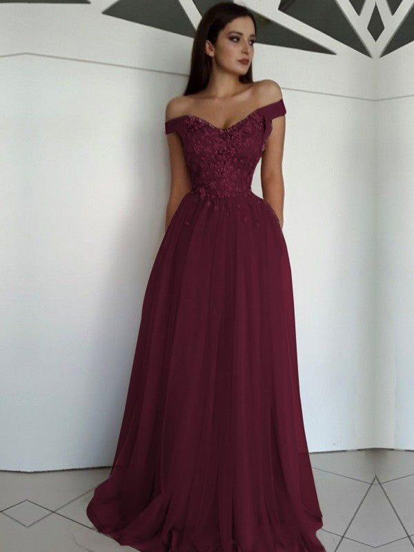 A-Line/Princess Sleeveless Off-the-Shoulder Floor-Length Applique Tulle Dresses