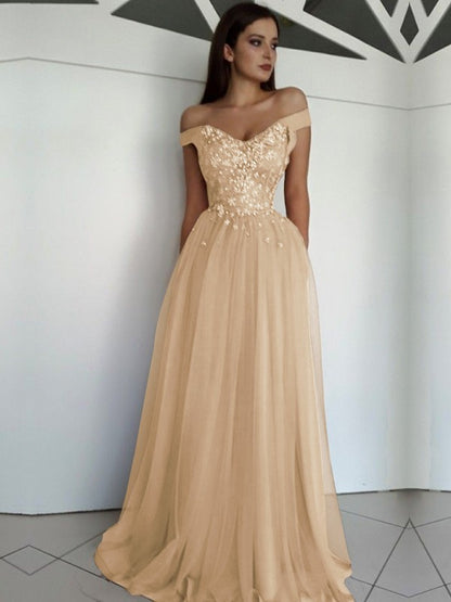 A-Line/Princess Sleeveless Off-the-Shoulder Floor-Length Applique Tulle Dresses