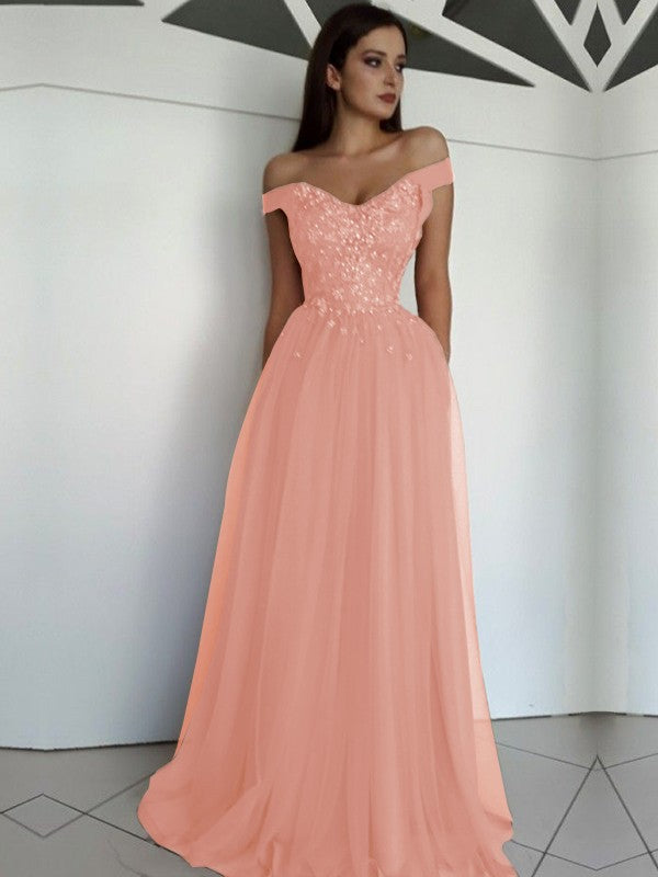 A-Line/Princess Sleeveless Off-the-Shoulder Floor-Length Applique Tulle Dresses