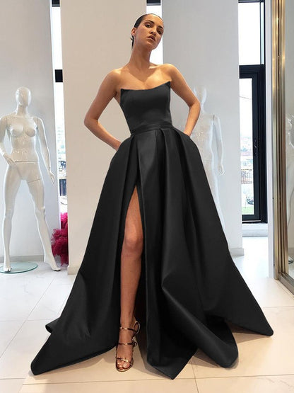 Ball Gown Sleeveless Strapless Sweep/Brush Train Ruffles Satin Dresses