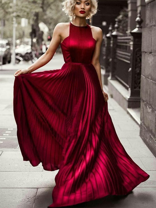 A-Line/Princess Halter Sleeveless Floor-Length Ruched Silk like Satin Dresses