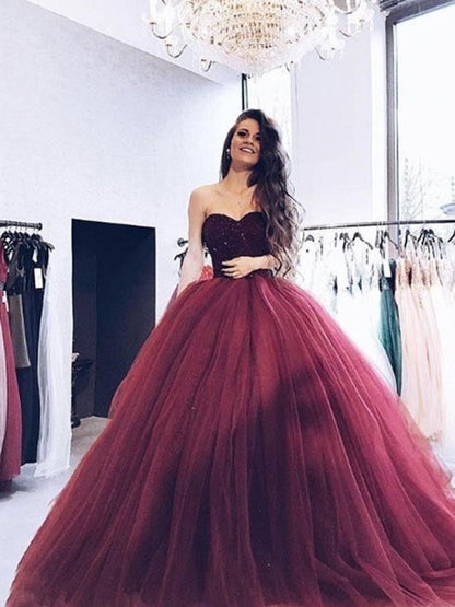 Ball Gown Sweetheart Sleeveless Floor-Length Beading Tulle Dresses