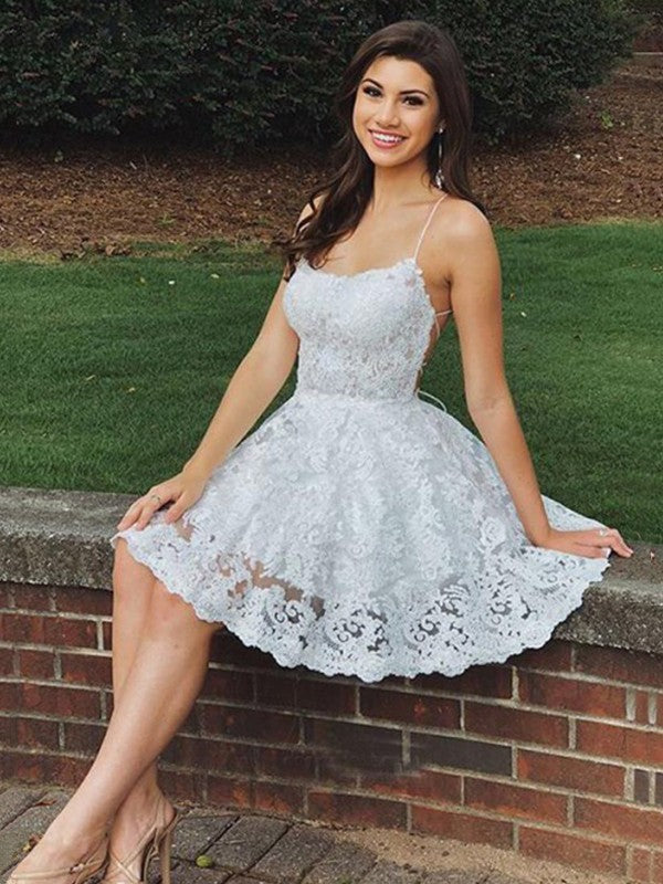 A-Line/Princess Lace Applique Spaghetti Straps Sleeveless Short/Mini Homecoming Dress