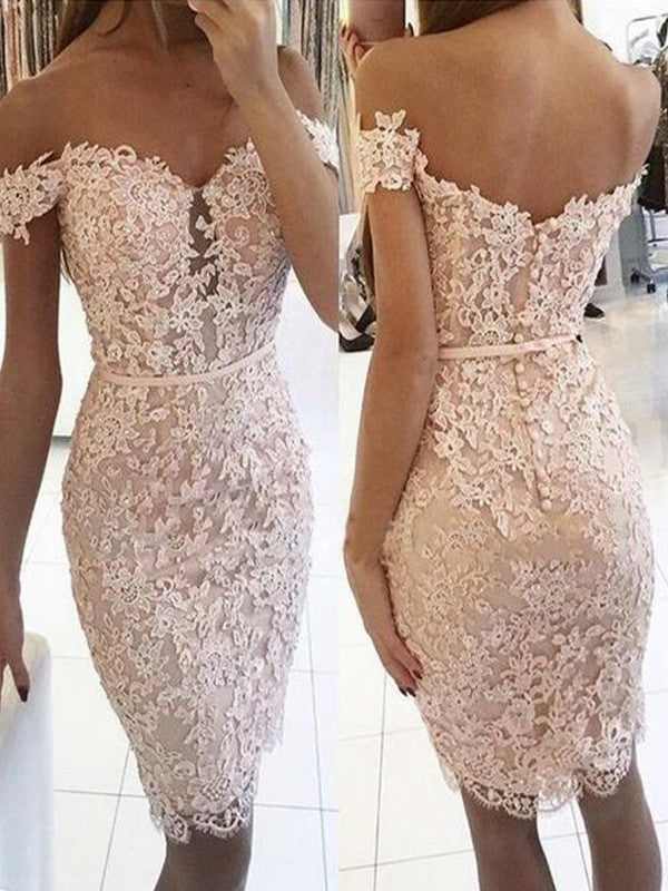 Sheath/Column Lace Off-the-Shoulder Sleeveless Knee-Length Homecoming Dress