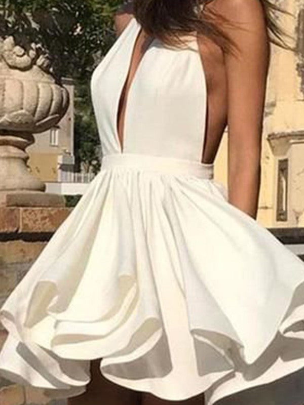 A-Line/Princess Satin Ruffles Halter Sleeveless Short/Mini Homecoming Dresses