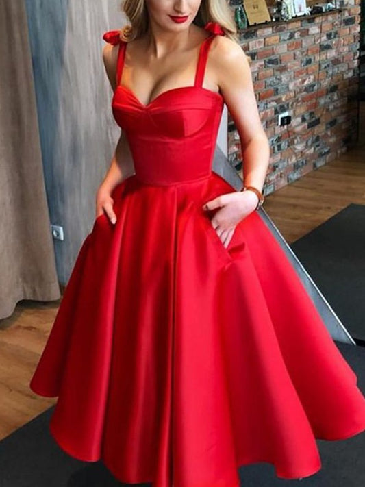 A-Line/Princess Satin Bowknot Straps Sleeveless Tea-Length Homecoming Dresses