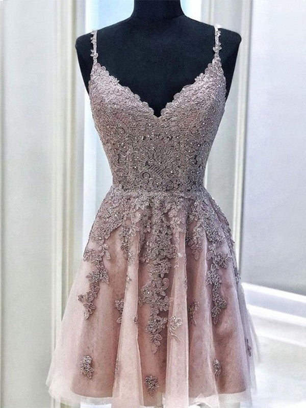 A-Line/Princess Tulle Beading Spaghetti Straps Sleeveless Short/Mini Homecoming Dresses