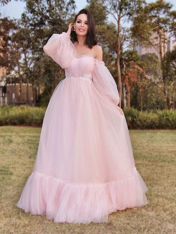 A-Line/Princess Long Sleeves Floor-Length Tulle Applique Off-the-Shoulder Dresses