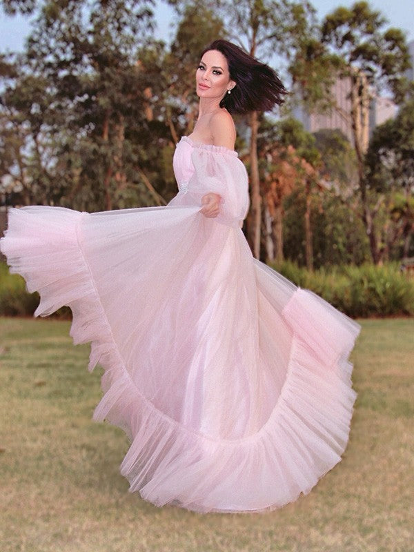 A-Line/Princess Long Sleeves Floor-Length Tulle Applique Off-the-Shoulder Dresses