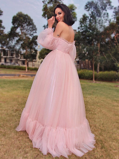 A-Line/Princess Long Sleeves Floor-Length Tulle Applique Off-the-Shoulder Dresses