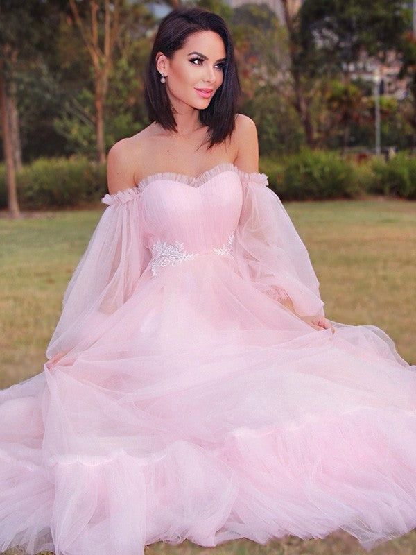 A-Line/Princess Long Sleeves Floor-Length Tulle Applique Off-the-Shoulder Dresses