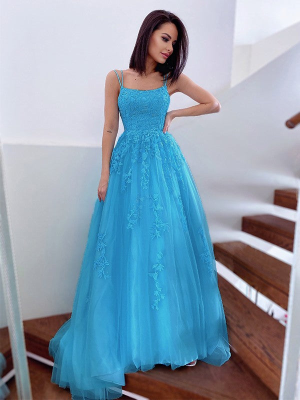 A-Line/Princess Spaghetti Straps Tulle Sleeveless Applique Sweep/Brush Train Dresses