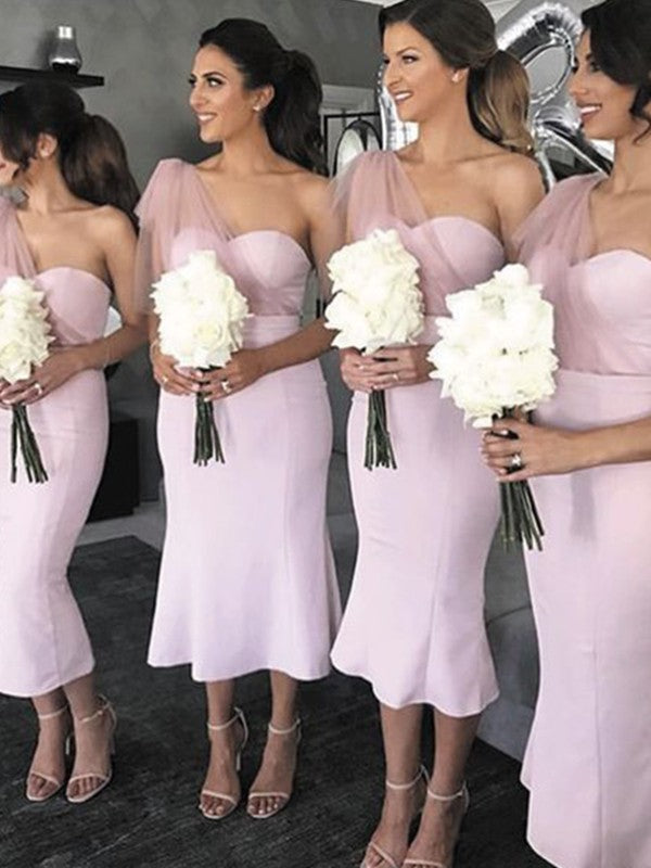 Sheath/Column One-Shoulder Stretch Crepe Ruffles Sleeveless Tea-Length Bridesmaid Dresses